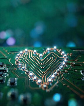 Macro close-up of heart-shaped circuit board traces