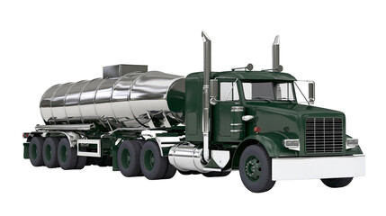 Obraz premium Dark green semi-truck with a polished chrome tanker trailer, isolated on transparent background