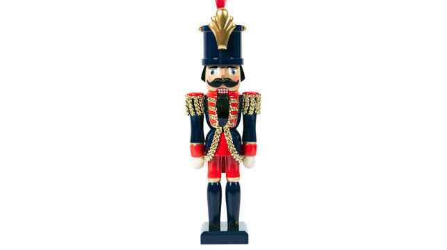 Wooden nutcracker soldier in uniform, isolated on transparent background