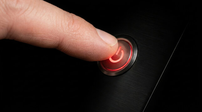Tech layoffs finger power button red light closeup device shutdown Worker finger press power button red light device closeup concept for tech