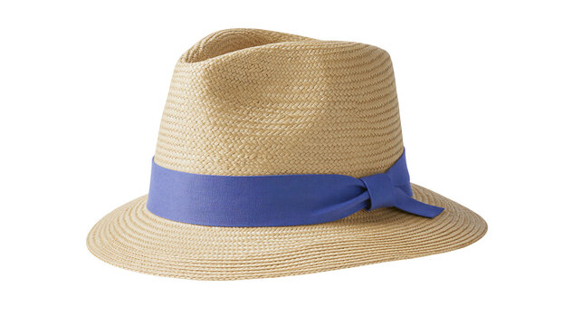 Woven straw fedora hat with blue ribbon band, isolated on transparent background