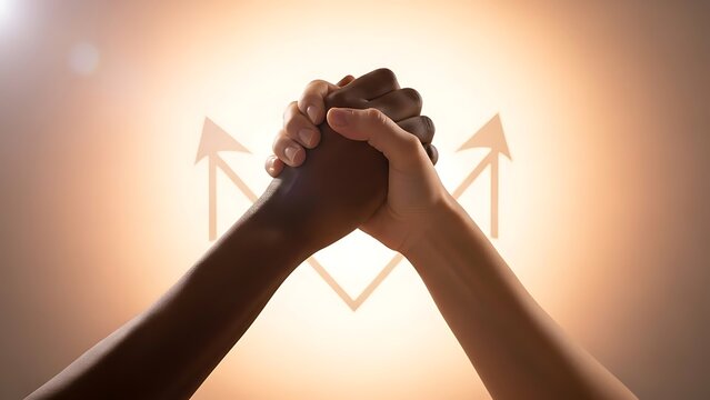 Two diverse hands holding each other in unity with upward arrows icon multiethnic partnership, solidarity, teamwork, and growth concept