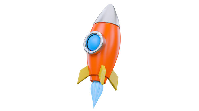 Orange cartoon rocket with blue window and yellow fins emitting blue smoke, isolated on transparent background
