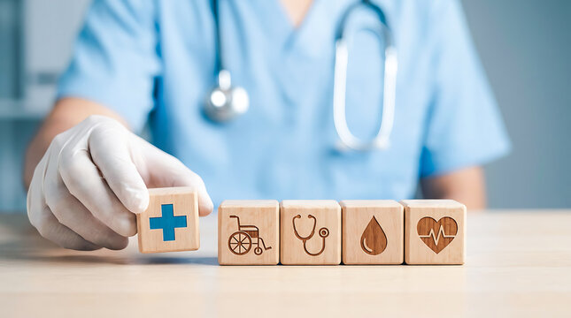 Healthcare professional holding wooden blocks with medical icons, healthcare