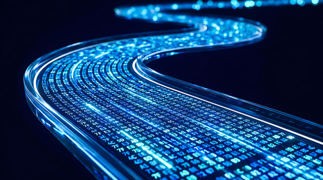 Glowing digital fiber optic data stream flowing through cyberspace with internet