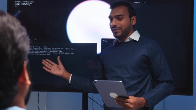 Software engineer holding laptop presents code displayed on large screen to colleague during collaborative programming session in office workspace focused on AI developer project review