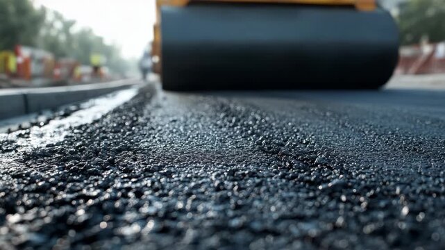 A of a road being paved with fresh asphalt.