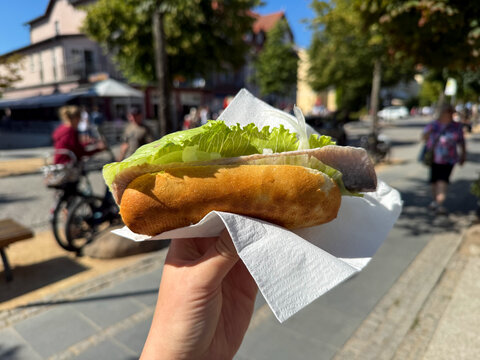 Traditional north germany snack street food Fischbroetchen Matjes Fish fillet with onion and salad leaves in a wheat bun in female hand close up