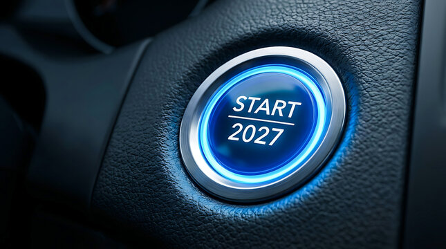 Modern car push start ignition button glowing blue with text 2027, ignition