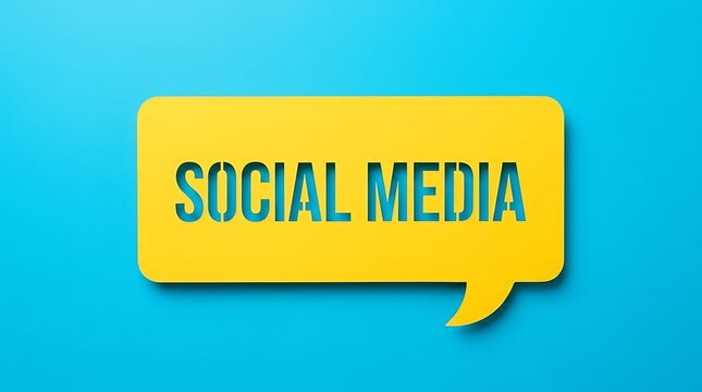 Social media text inside yellow speech bubble on blue background with marketing