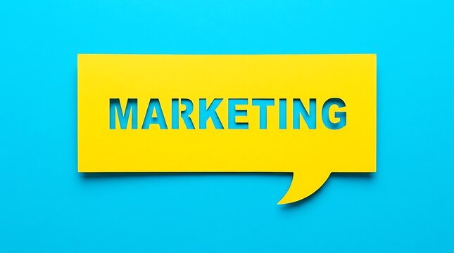 Yellow speech bubble with the word marketing on a bright blue background