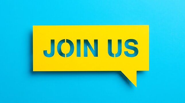 Yellow speech bubble with the text join us on a blue background, recruitment