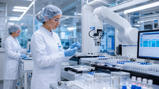 Female scientist operating automated robotic arm in modern laboratory facility for pharmaceutical research and medical science development
