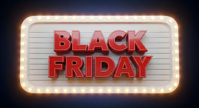 Bright illuminated marquee board with red bold lettering for a major retail event promotion on dark background