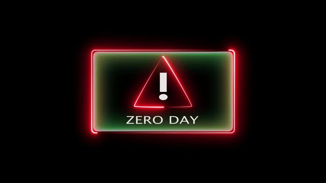 Cyber security warning zero day exploit notification neon red frame glowing motion.