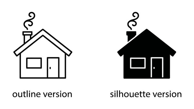 House Icon Set: A simple graphic representation of a house presented in both outline and silhouette versions, signifying home, residence, and dwelling.