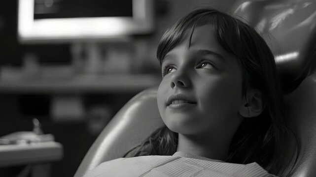 A young girl sitting in a dentist's chair with a dental dam around her mouth and looking downwards. She has long brown hair.