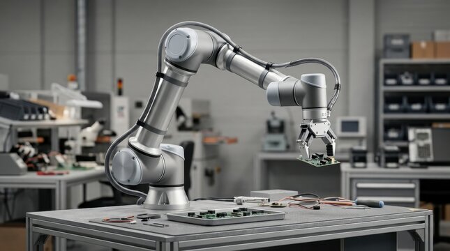 Collaborative robot arm holding electronic circuit board on workbench.