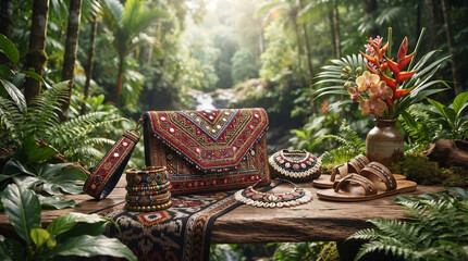 Fototapeta premium Ethnic Bohemian Fashion Accessories Set Displayed in Tropical Rainforest Setting