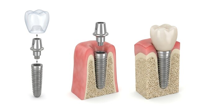 Dental implant components showing stages of tooth restoration and bone