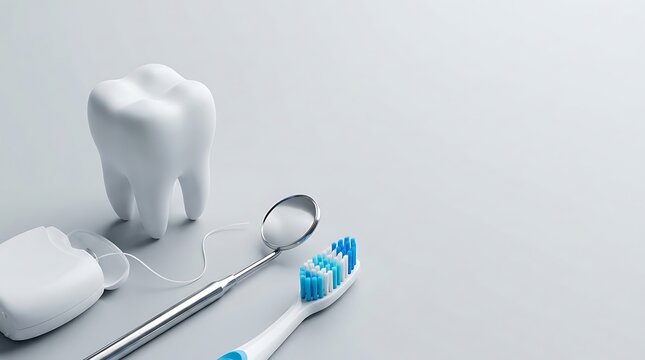 Dental care tools and white tooth model on grey background with dentistry