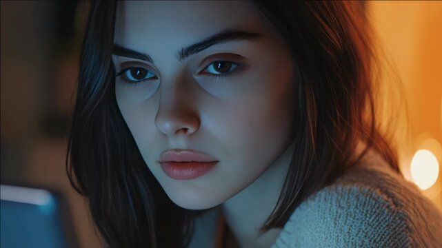 A young woman with a contemplative expression in a dimly lit setting. Her profile is visible with her eyes gazing off to the side.