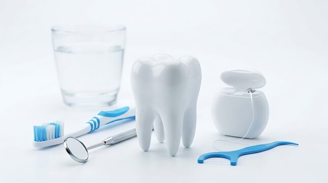 Dental hygiene equipment with glass of water and tooth model, dentistry