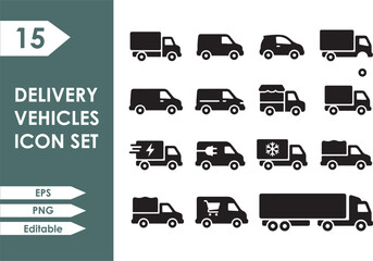 Obraz premium Editable Logistics and Transport Vehicle Solid Black Vector Icons