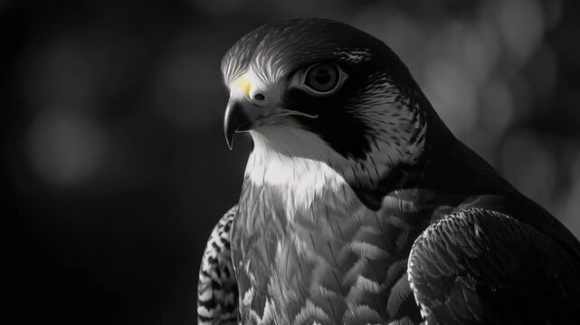 Close-up portrait of a raptor with sharp focus on the eye and feathers.
