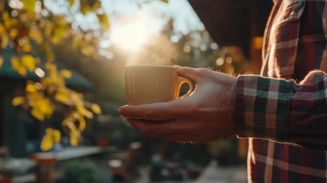 A man's hand cradles a warm cup of coffee as the sun shines through the leaves behind him.