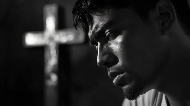 Silhouette of a man praying with tears, near a cross. Black and white .