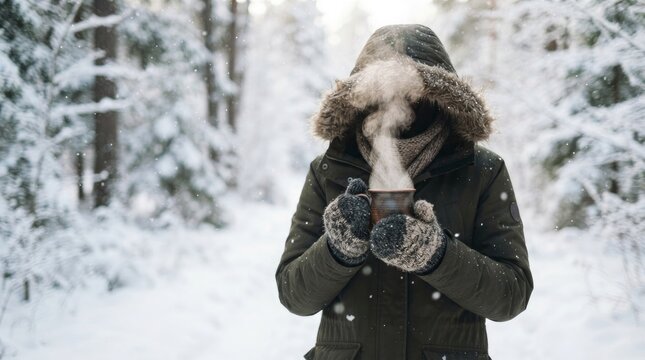Person taking nature photograph in snowy forest