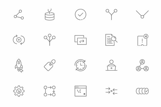 Collection of twenty thin line representing software development, git version control, coding, programming, and repository management