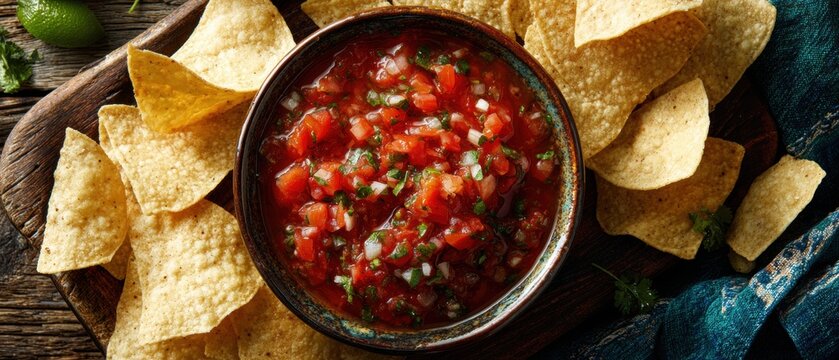 Bowl of fresh tomato salsa with crispy corn tortilla chips. Mexican appetizer served on rustic wooden background. Traditional snack for party and celebration. Spicy vegetable dip.