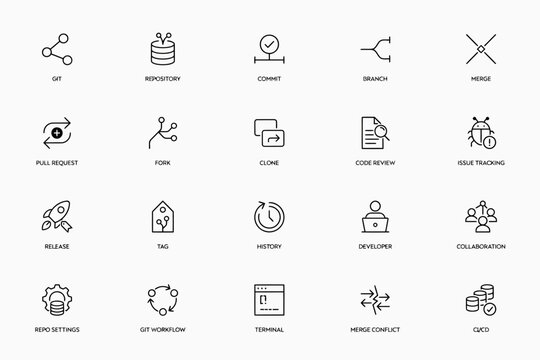 A comprehensive collection of black line representing various software development, git version control, and coding workflow processes