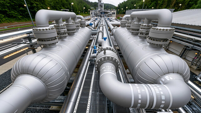 Industrieanlage zeigt parallele Rohrleitungen mit blauen Ventilen von oben