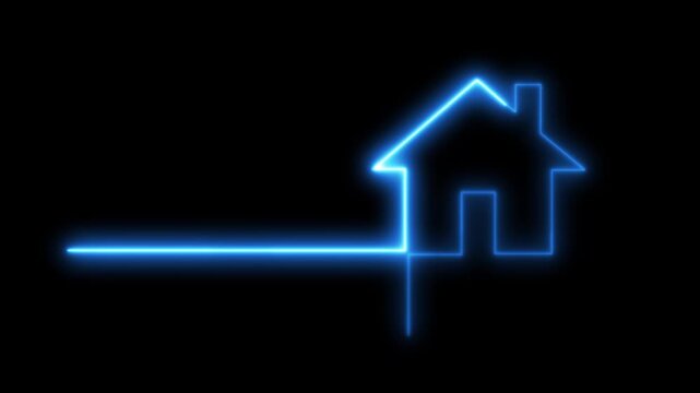 Simple blue neon home icon glowing on a dark background. icon property houses are 4k video