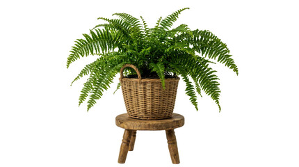 Green fern houseplant in a woven basket on a small wooden stool isolated on transparent background © Designer