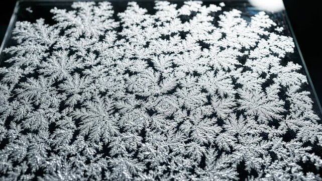 Intricate snowflake patterns forming on glass surface, detailed ice crystals resembling natural fractal formations, winter frost macro