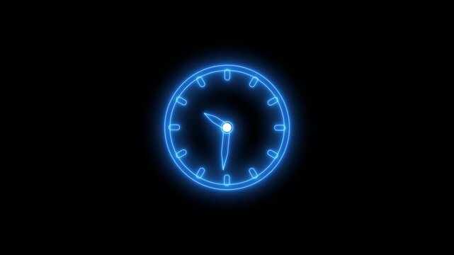 Glowing neon blue color clock animation icon on black background. Background laser blue neon clock vector illustration