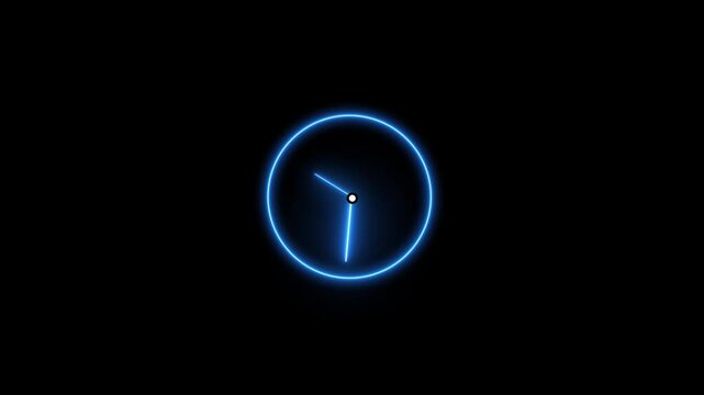Glowing neon blue color clock animation icon on black background. Background laser blue neon clock vector illustration