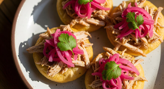 Panuchos topped with shredded chicken and pickled onions are served on a simple ceramic plate.