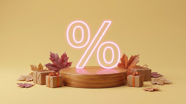 A 3d rendered podium with a glowing percentage sign surrounded by autumn leaves and gift boxes for seasonal sales