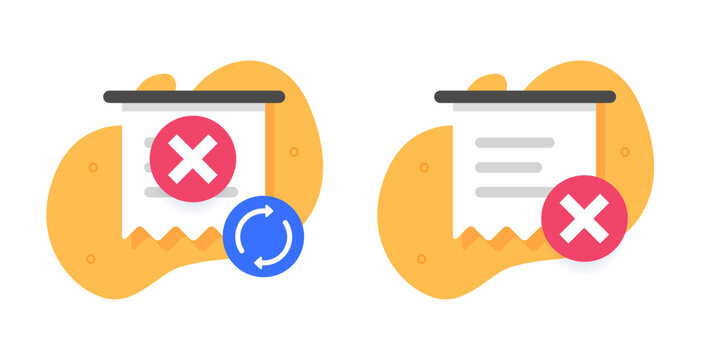 Payment declined icon vector, money transfer rejected error graphic, purchase fail denied online notice as receipt invoice problem with red cross, checkout invalid blocked image clip art set illustrat