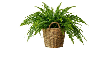 Green fern houseplant growing in a decorative woven wicker basket isolated on transparent background © Designer