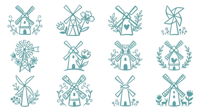 Collection of hand-drawn windmill illustrations with floral and nature elements.