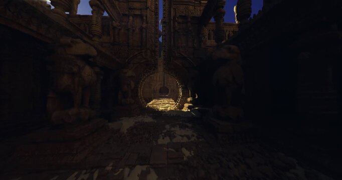 Ancient temple corridor glowing with gold, stone statues line shadowed walkway, circular archway frames sunlit altar, dust motes swirl in warm beam, weathered