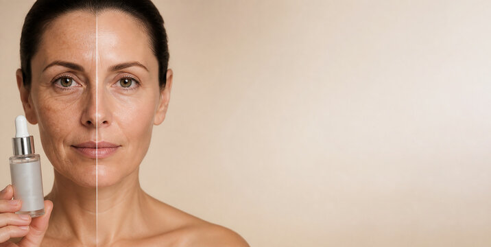 Facial melasma treatment concept with a woman holding a serum bottle, showing visible pigmentation and a clean beauty skincare routine. For skincare, dermatology, beauty, and beauty awareness.