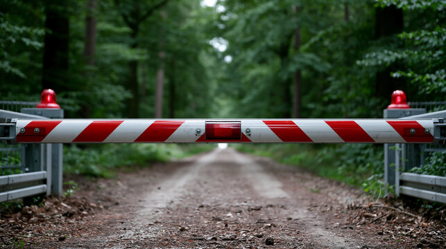Rot-wei&szlig;e Schranke versperrt geraden Feldweg im herbstlichen Wald