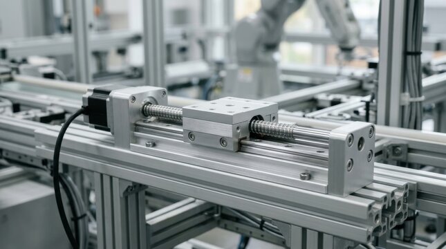 Linear motion slide rail with electric motor for automation system.